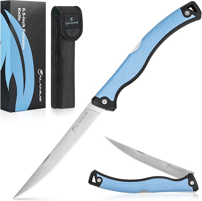 Calamus Folding Fillet Knife, Fishing Knife, G4116 German Stainless-Steel, Ultra-Sharp, Flexible & Corrosion-Resistant Blade, Non-Slip Handle, Lockback Design, Fishing Gear, Fishing Gifts for Men