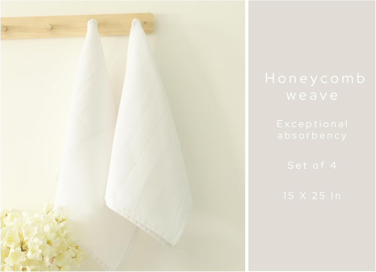 PurpleEssences Waffle Weave Kitchen Towel, 100% Cotton - 15 x 25 Inches, with Hanging Loop Ultra Soft Absorbent Quick Drying Dish Cloth, Tea and Hand Towels, 4 Pack - Spring Summer - White