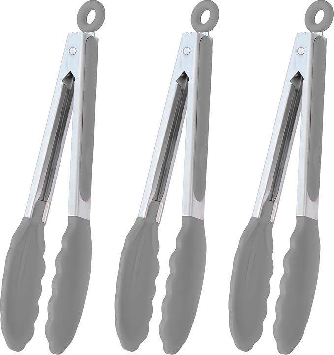 Locking Kitchen Tongs with Silicon Tips 9-Inch Stainless Steel Grilling Tongs, Set of 3 (Gray)