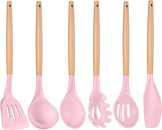 P&P CHEF Cooking Utensils Set, 6 PCS Kitchen Utensils with Wooden Handle, Silicone Spatula for Nonstick Cookware, Easy Clean & Non-toxic, Pink