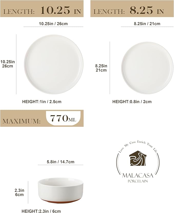 MALACASA Plates and Bowls Sets, 18 Pieces Modern Ceramic Dinnerware Set for 6 Kitchen Dinner Set Stoneware Dishware Dishes Set Microwave and Dishwasher Safe, White, Series TARA