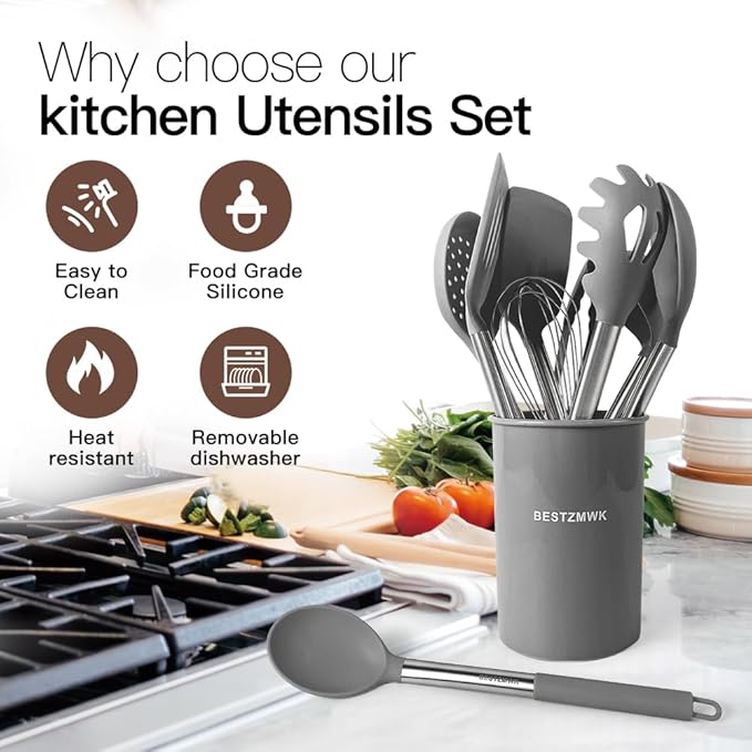 Kitchen Utensils Set-Silicone Cooking Utensils-32pcs Non-Stick Silicone Cooking Kitchen Utensils Spatula Set with Holder-Best Kitchen Cookware with Stainless Steel Handle (Grey)