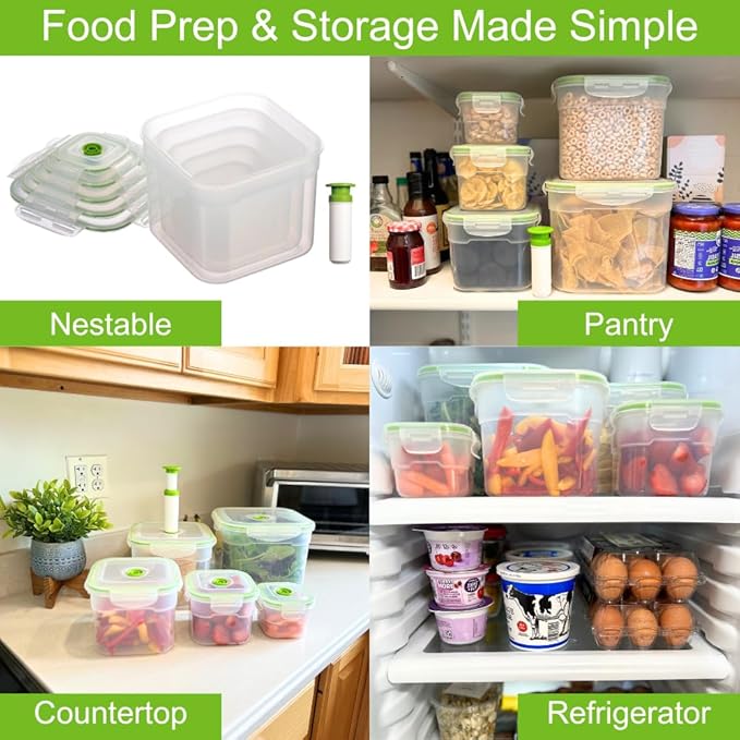 Lasting Freshness 11 piece Vacuum Seal Food Storage Containers with Vacuum Pump, Airtight and Leak Proof, Vacuum Sealed Food Storage Containers, Meal Prep Containers, Keep Food Fresh up to 5 X Longer