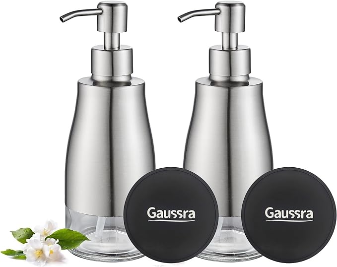 Gaussra 2 Pack Soap Dispenser with Coaster and Stickers, Stainless Steel Case Glass Liner Hand Pump Dispenser, Refillable Liquid Hand Soap Dispenser for Bathroom & Kitchen - Brushed Nickel