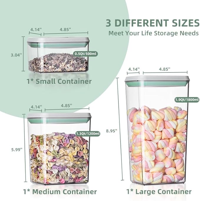 Food Storage Containers with Lids Airtight- 3Pcs BPA-Free Kitchen and Pantry Organization Pop Containers, Leakproof Stackable Kitchen Storage Containers for Cereal, Flour, Sugar (0.5, 1.2, 1.8 QT)