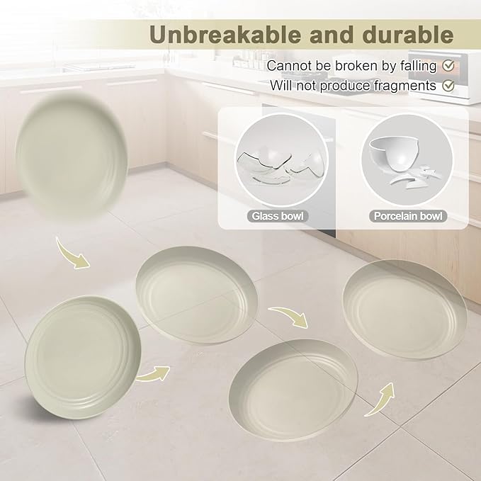 12 Pcs Unbreakable Deep Dessert Plates Set, 8 inch Reusable Plastic Wheat Straw Plates, Microwave and Dishwasher Safe Plate for Kitchen, Lightweight Plate for Dessert, BPA Free, Beige