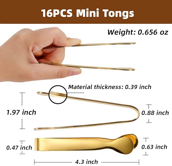Pleafind 16 PCS Mini Serving Tongs - 4.3 inch, Food-Grade 18/8 Stainless Steel Mini Tongs, Mirror-polished Charcuterie Accessories for Coffee shops, tea party, bars, Sugar and Ice Bucket