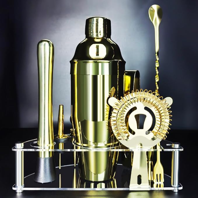 Cocktail Shaker Set with Stand, Cocktail Shaker Bartender Kit: Bar Tool Set, Drink Mixing Includes Martini Shaker,Strainer,Jigger,Bar Mixer Spoon,Muddler, Pourer, Bottle Stopper (Gold)