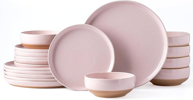AmorArc Ceramic Dinnerware Sets for 6, 18 Pieces Handpainted Speckled Plates and Bowls Set with Rustic Terracotta Underside, Scratch Resistant Stoneware Dishes Set, Dishwasher & Microwave Safe, Pink