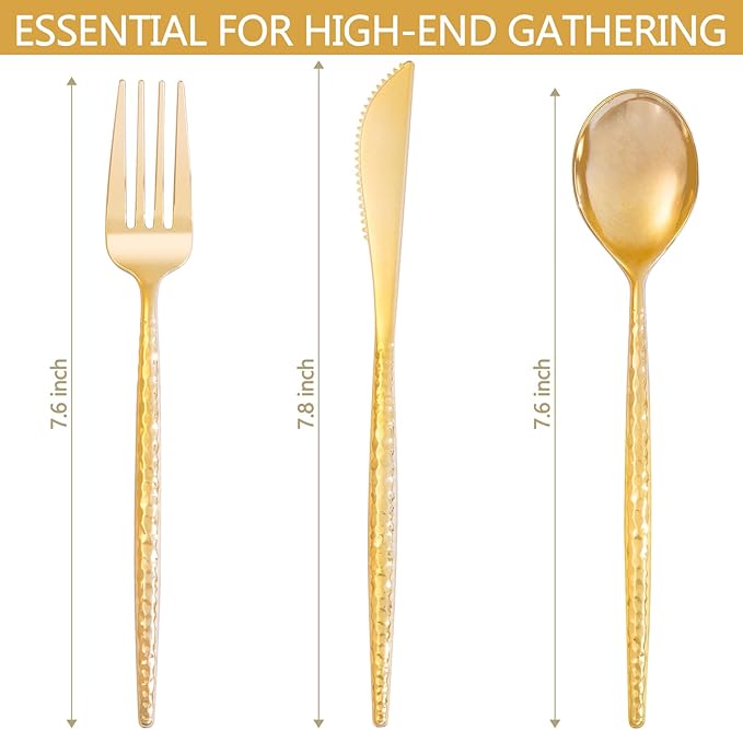 LIYH 102 Pcs Gold Plastic Silverware Cutlery Sets - Disposable Plastic Silverware Heavyduty, Disposable Utensil Sets, 34 of Each Forks, Knives & Spoons Flatware Set for Party Birthday