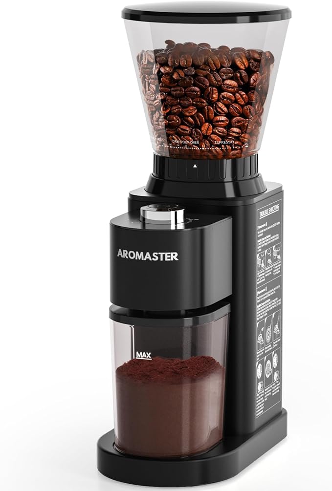 Aromaster Coffee Bean Grinder with 48 Gind Settings, Conical Burr Coffee Grinder for Home Use,Stainless Steel,40 Seconds Adjustable Timer,Anti-static,Easy to Clean with Brush,Black