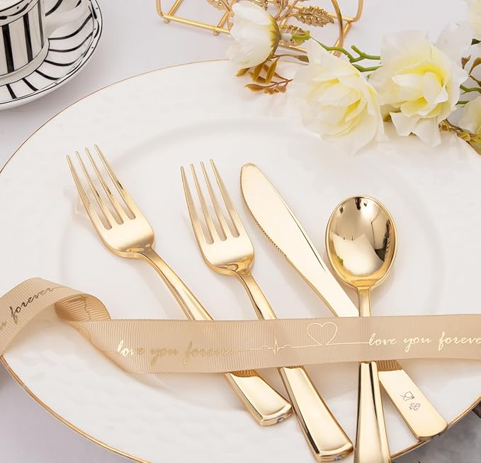 SUT 600PCS Gold Plastic Silverware, Plastic Silverware heavy duty, Disposable Cutlery, 200 Forks,200 Spoons, 200 Knives for Party