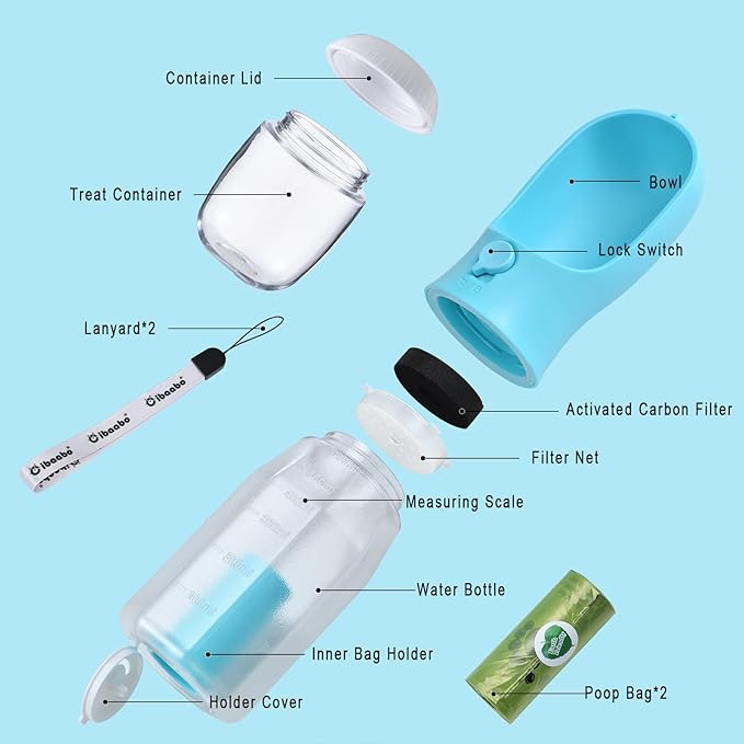 Dog Water Bottle with Food Container & Poop Bag Holder, Travel Water Bowl, Portable Pet Dispenser, Dog Stuff Accessories Items, Puppy Essentials Necessities for Walking Hiking Dog Gift