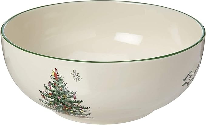 Spode Christmas Tree Round Serving Bowl - 8-Inch Ceramic Bowl for Pasta, Salad, Soup, and Side Dishes - Elegant Porcelain Design, Stackable, Dishwasher & Microwave Safe - Ideal for Holiday Gatherings