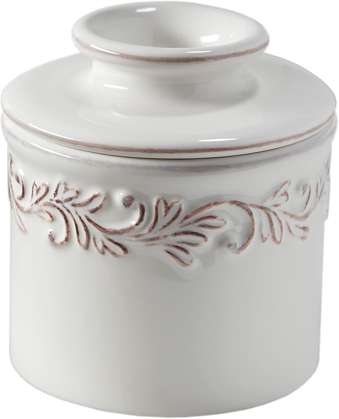 Butter Bell - The Original Butter Bell crock by L Tremain, a Countertop French Ceramic Butter Dish Keeper for Spreadable Butter, Antique Collection, White Linen