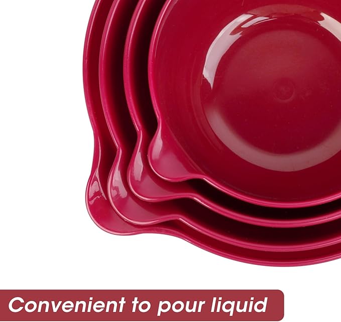 BoxedHome 4 Pack Nesting Mixing Bowl Set with Pour Spout and Handle, Non-Slip Bottom, BPA free Microwave & Dishwasher Safe(Deep Carmine)