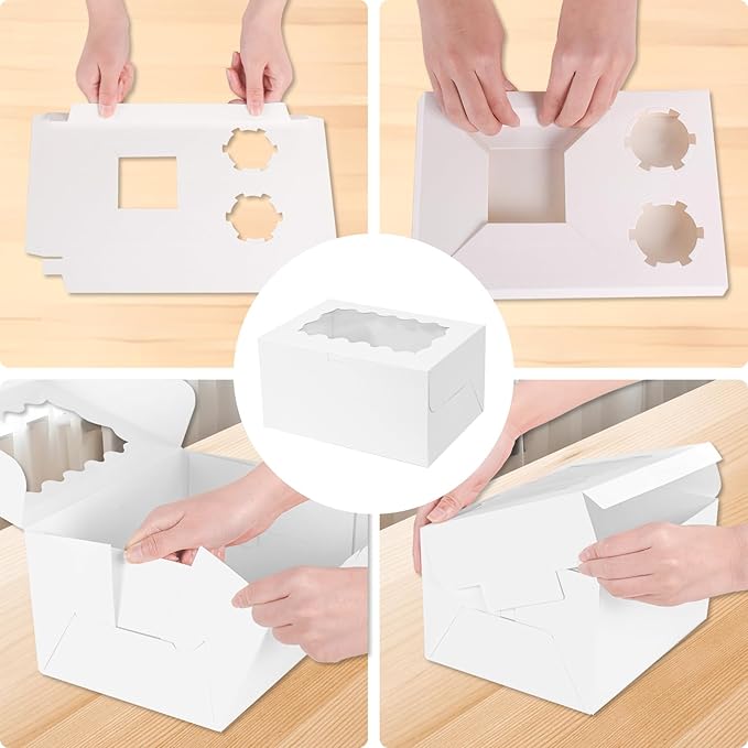 10 Packs bento cake box and Cupcake Box 3 Holes Fit 2 Cupcakes and 1 Mini Cake Box with Clear Window and Stickers for Wedding Birthday Party Bakery pastry boxes(White, 1+2(10Pack))