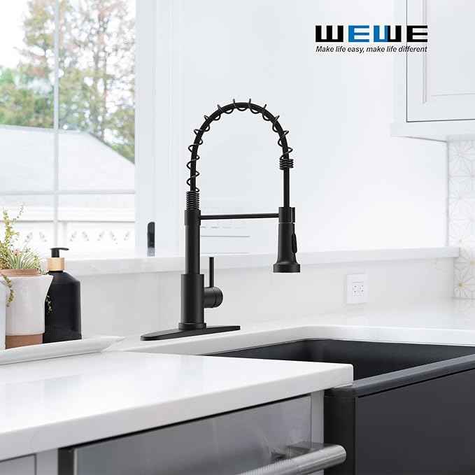 Kitchen Faucets with Pull Down Sprayer Commercial Industrial Stainless Steel Single Handle Single Hole Spring Farmhouse RV Sink Faucet, Matte Black Kitchen Faucet for Laundry Utility Room Sink