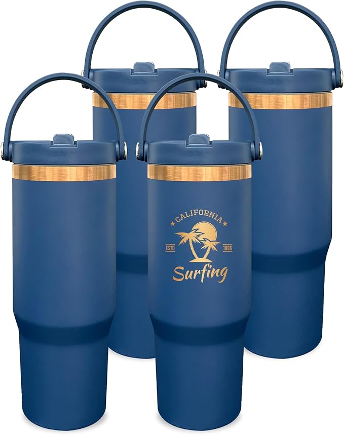 30 oz Tumbler Bulk with Handle and Straw, Vacuum Insulated Tumblers with Flip Straw and Top Handle, Leakproof Powder Coated Tumbler, Stainless Steel Travel Mug for Coffee Water (Navy, 4 Pack)