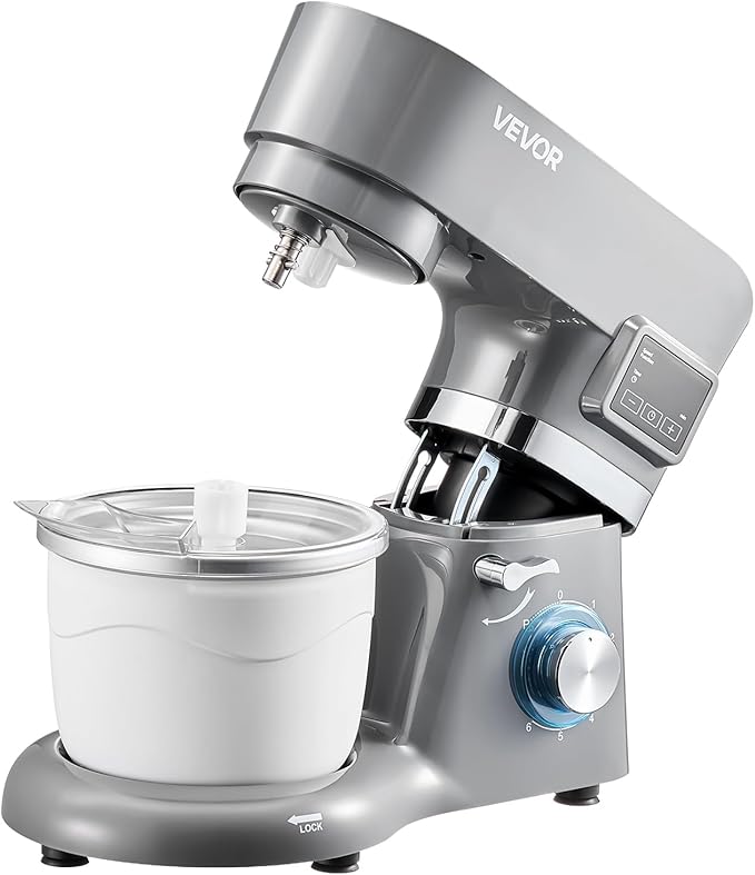 VEVOR Ice Cream Maker, 1.8 Qt. Capacity, 6-Speed Electric Stand Mixer, with LED Digital Display & Timer, Mixing Paddle, Dough Hook, Splash Guard, for Homemade Frozen Yogurt Fruit Sorbet Gelato, Grey