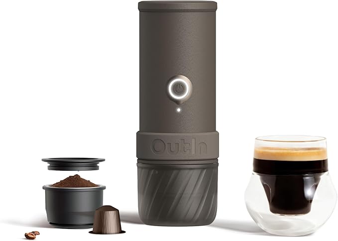 OutIn Mino Portable Electric Espresso Machine, Mini Camping Coffee Maker for Travel, Pocket Sized Coffee Machine Self-Heating, Ground Coffee & NS Capsule Adapter For Adventure