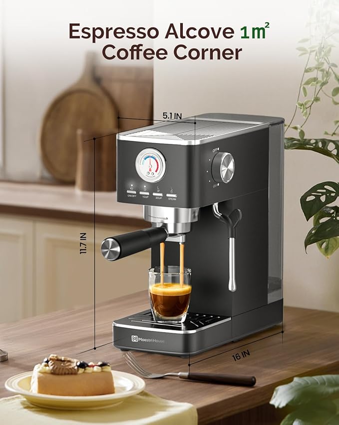 Maestri House Espresso Machine, 20 Bar ULKA Pump, Compact Espresso Maker Built-in Flow Meter Steam Milk Frother, Stainless Steel Coffee Machine for Cappuccino, Latte (Black)