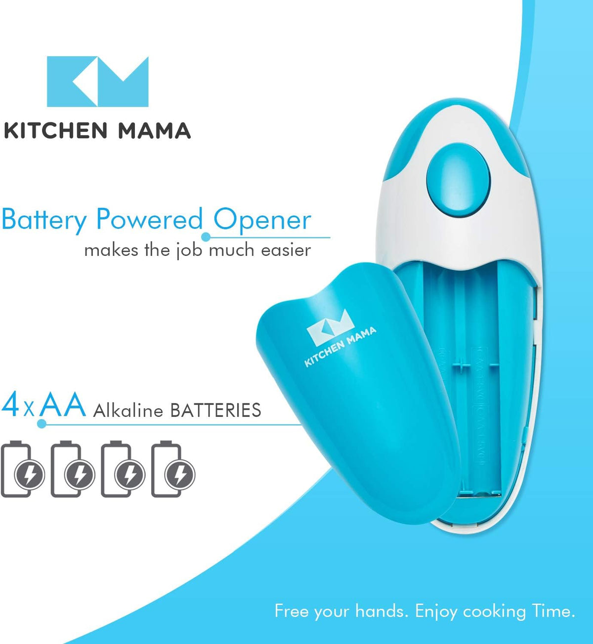 Kitchen Mama Auto Electric Can Opener: Safe, Easy with One Touch, Smooth Edge, Battery Operated, Cordless, Automatic Can Opener for Seniors with Arthritis, Hand Free Appliances, YES YOU CAN (Sky Blue)