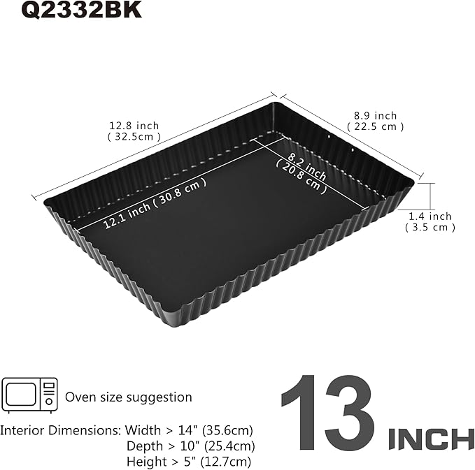 Rectangle Tart Pan, 13-Inch with Removable Loose Bottom Non-Stick Oblong Quiche Bakeware for Oven Baking (Black)