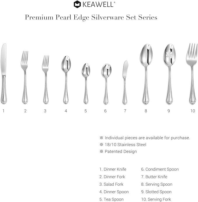 KEAWELL Pearl Edge 8-Piece Premium Fork Set, 18/10 Stainless Steel, Fine Silverware with Mirror Finish, Dishwasher Safe (8, 8" Dinner Forks)
