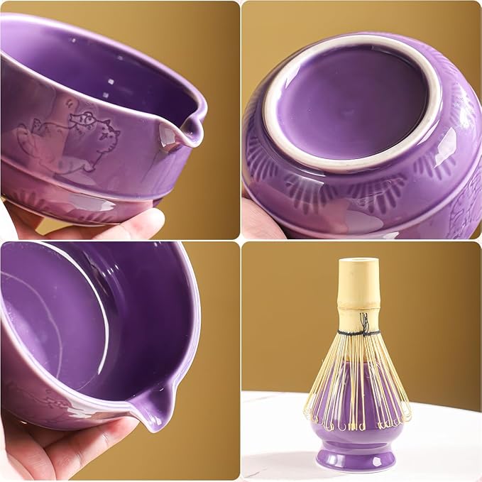 Matcha Tea Set, 5-Piece Ceramic Matcha Bowl & Whisk Kit with Cute Cat Pattern, Traditional Japanese Chawan, Scoop & Sifter, Perfect for Tea Ceremony, Gift for & Tea Lovers (Purple;)