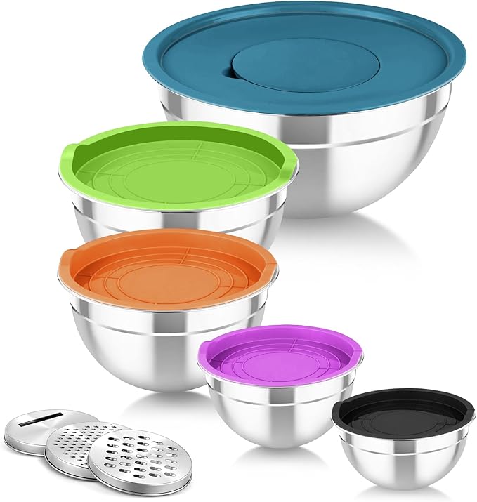 TeamFar Mixing Bowls with Lids, 5PCS Stainless Steel Metal Salad Bowl with 3 Grater Attachments, for Cooking, Prepping, Serving, Healthy, Airtight Lids & Easy Clean - 0.7/1 / 1.5/2.6/4.6QT