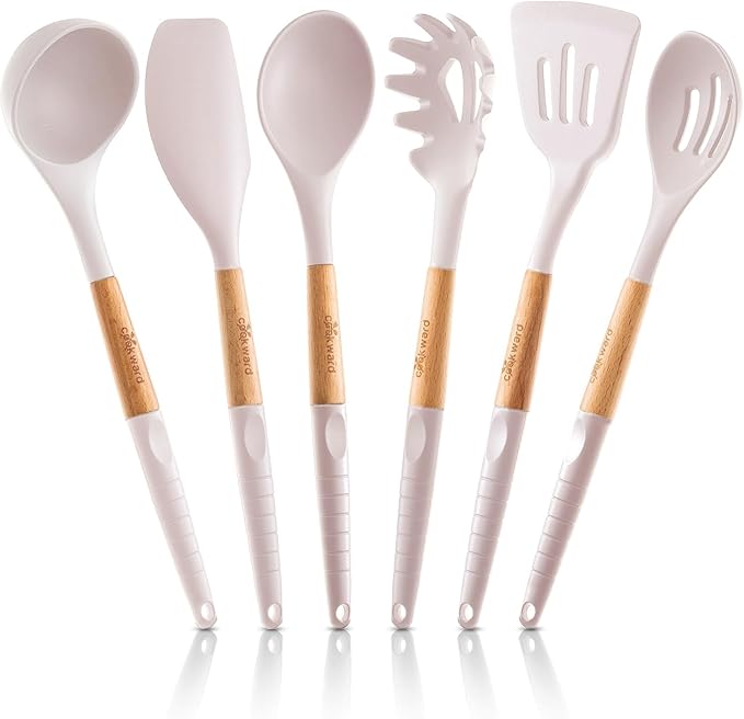 6 Pcs Cookward Silicone Cooking Utensils Set - Natural Wood Kitchen Utensils – Eco Friendly & BPA Free, Non-Scratch & Non-Stick Easy Grip -White
