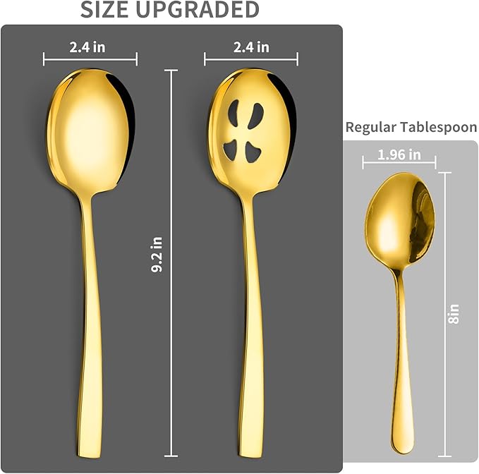 6 Piece Stainless Steel Serving Spoons Set - 3 Large, 3 Slotted, 9.2-Inch, Dishwasher Safe, for Parties/Kitchen/Buffet/Catering,Gold