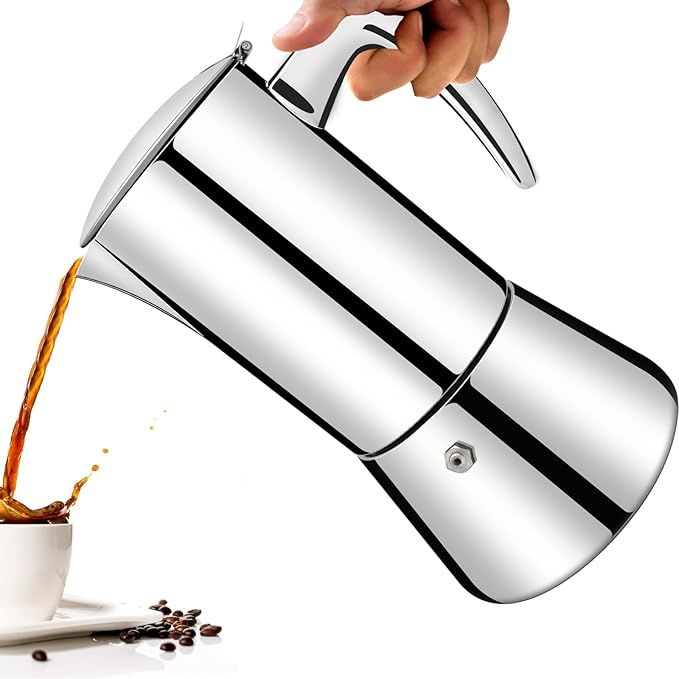 No Coating 6 Cup Thickened 304 Stainless Steel Moka Pot Stovetop Espresso Maker Italian Coffee Machine 300ml 10.1oz Suitable for Gas Induction Stovetop Greca Coffee Maker Percolator