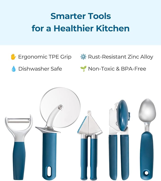 OOU Kitchen Gadget Set, 5 Piece Premium Zinc Alloy Kitchen Tools with Ergonomic TPE Handles – Includes Can Opener, Pizza Cutter, Garlic Press, Ice Cream Scoop, Peeler, and Wooden Storage Tray