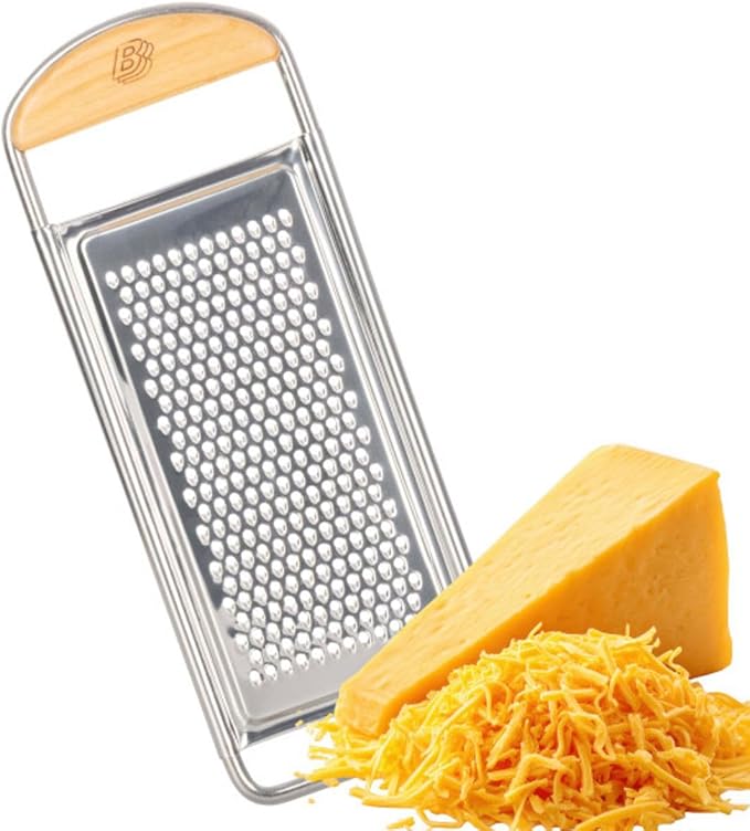 Cheese Grater Handheld - Stainless Steel Flat Food Grater with Cherrywood Handle - Fine Shredder Kitchen for Hard Cheese, Spices, and Zesting - Italian Made Kitchen Gadgets by Kings County Tools