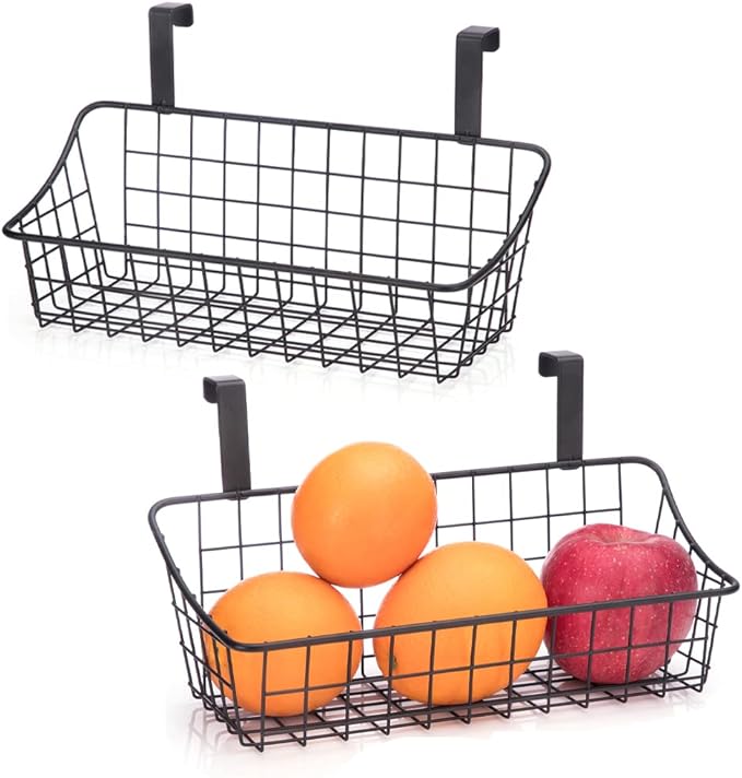LeleCAT Over Cabinet Door Basket with hook Grid Storage Basket, Kitchen Storage Organizer,Over Cabinet Door Organizer,Hanging it behind a door or on a railing, Small, BLack,2 Pack