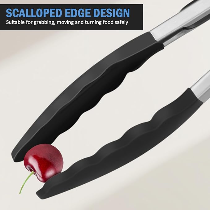 Kitchen Tongs, Set of 3 Stainless Steel Tongs with Silicone Tips Locking Cooking Tongs 600ºF Heat Resistant Tong for Cooking BBQ Grilling Air Fryer Serving Food Salads, 7"+9"+12" Black
