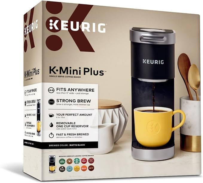 Keurig K-Mini Plus Single Serve K-Cup Pod Coffee Maker, with 6 to 12oz Brew Size, Stores up to 9 K-Cup Pods, Travel Mug Friendly, Matte Black