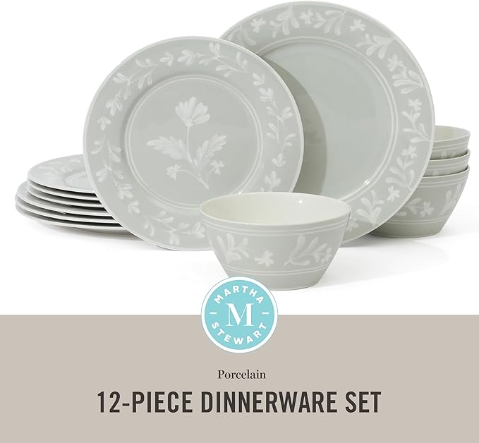 Martha Stewart Maiden Crown 12-Piece Sage Green Dinnerware Set – Vegan Bone China Ceramic Plates & Bowls – Floral Design – Service for 4 – Microwave & Dishwasher Safe