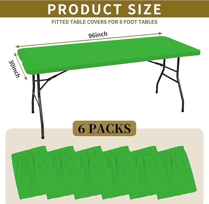 6 Pack Fitted Tablecloth for 8 Foot Rectangle Tables, Green Elastic Outdoor Picnic Table Cover, Washable Stretch Folding Table Cloths 8 ft for Camping Party Patio Kitchen Banquet, 30" W x 96" L