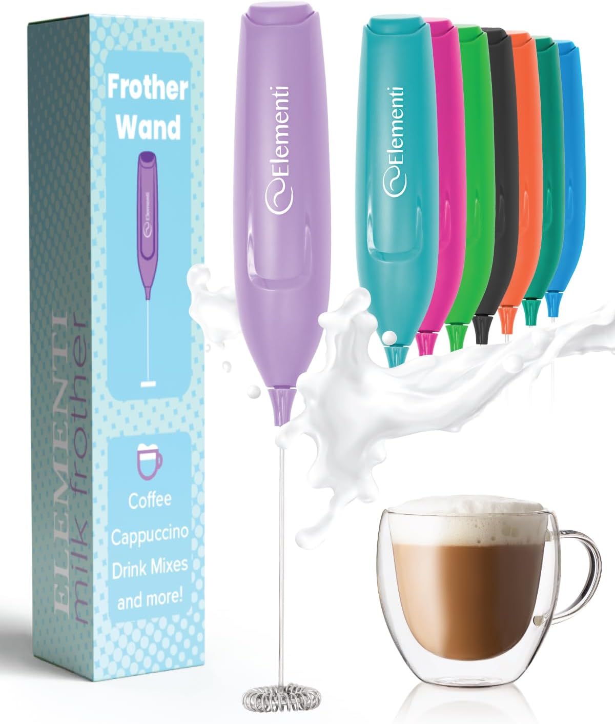 Elementi Powerful Frother Wand – Lightweight Milk Frother & Drink Mixer Handheld, Matcha Whisk for Dreamy Lattes, Powerful Coffee Mixer Wand & Blender Stirrer for Creamy Cappuccinos at Home (Lavender)
