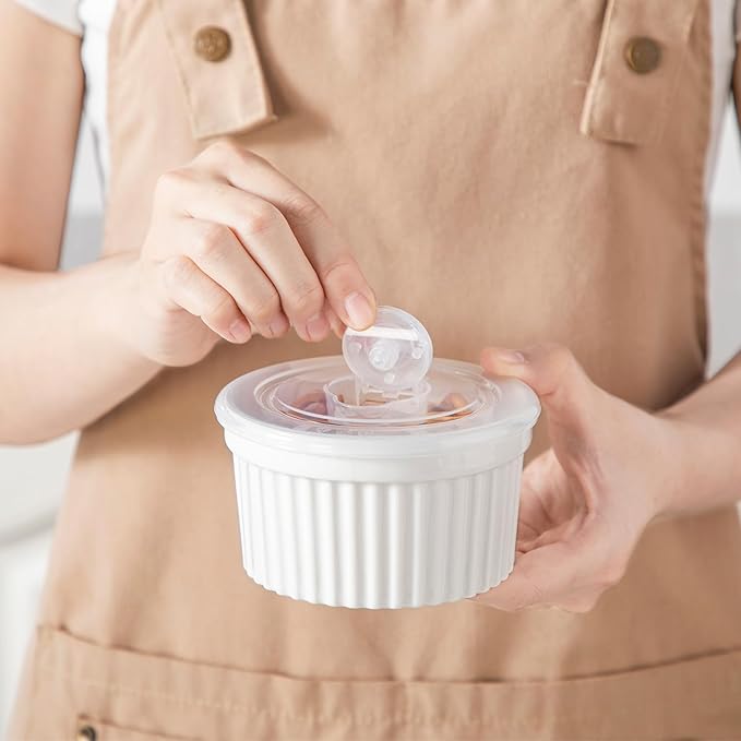vancasso 10 oz Ramekins with Lid, Porcelain Creme Brulee Souffle Dishes, White Pudding Custard Cups Ramiken for Baking, Dishwasher and Oven Safe, Set of 6