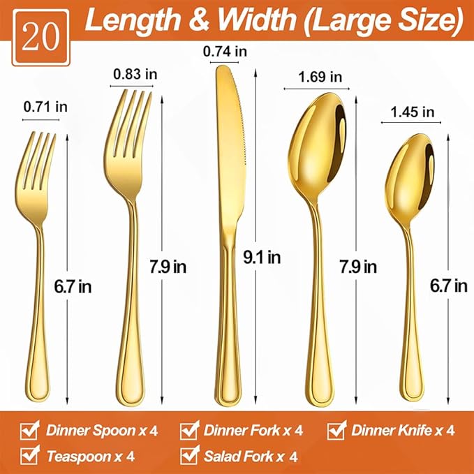 20 Pcs Gold Silverware Set for 4 with Simple Striped Handle Design, Food Grade Stainless Steel Flatware Set, Eating Utensils Sets Include Fork/Knife/Spoon, Cutlery Set, Dishwasher Safe
