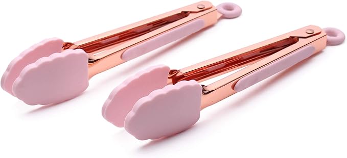 COOK WITH COLOR Stainless Steel Silicone Tipped Kitchen & BBQ Tongs Set, 2 Pc Mini Tongs, Pink