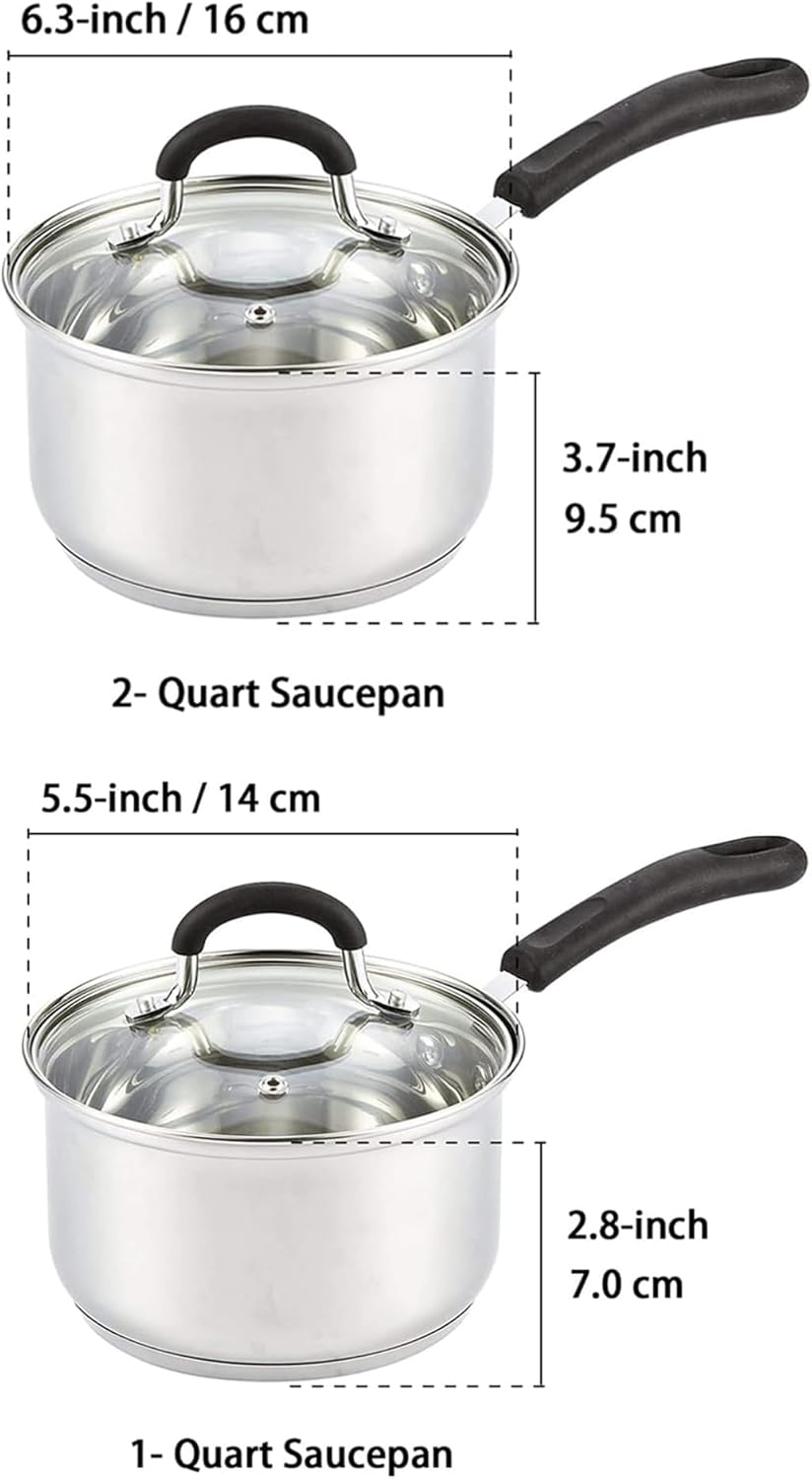 Cook N Home Saucepan Set Sauce Pot With Lid 1QT and 2QT Stainless Steel, Stay Cool Handle, silver