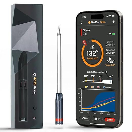 MeatStick 4 – Smart Wireless Meat Probe with 4 Sensors & Limited Range | Bluetooth Thermometer (Up to 165 ft Outdoors; Much Lower in Grill/Oven/Smoker)