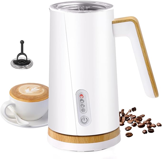 Electric Milk Frother and Steamer, 4-in-1 Milk Steamer with Wood Elements Design, Automatic Hot & Cold Foam Maker for Latte, Cappuccinos, Macchiato, Milk Warmer, Black (white)