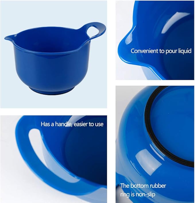 BoxedHome 4 Pack Nesting Mixing Bowls with Pour Spout and Handle, Plastic Large Mixing bowl BPA free Microwave & Dishwasher Safe(Blue, 4 Pack with Handle)