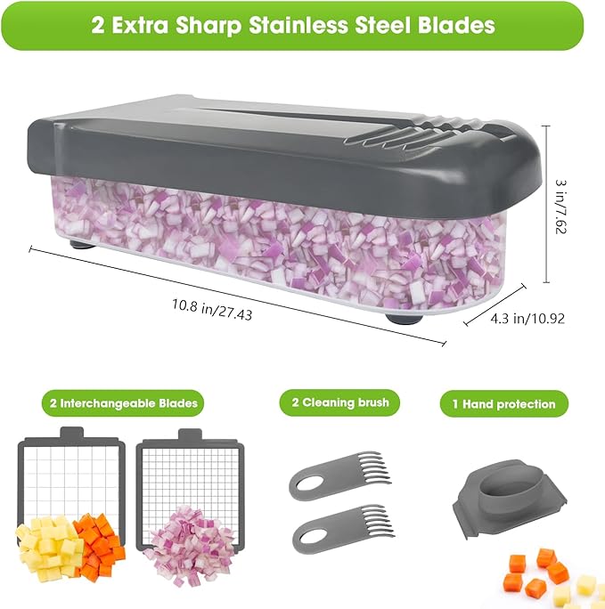 LHS Multifunctional Food Chopper - Onion, Vegetable Slicer Dicer Cutter, Potato Cutter - Veggie Chopper with Container (4 in 1, Grey)